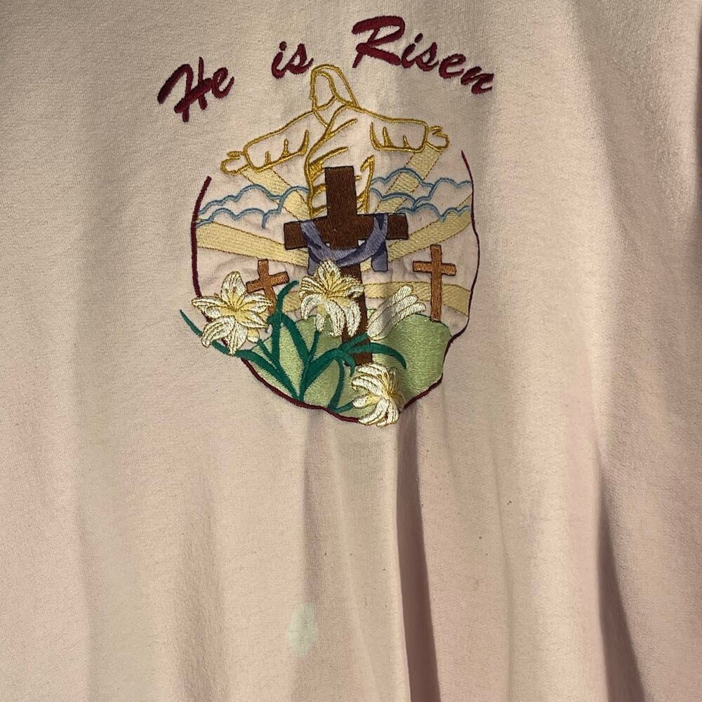 Vintage Jerzees He is Risen Jesus Christ Cross Sweater Sweatshirt Pink Medium - Picture 5 of 10
